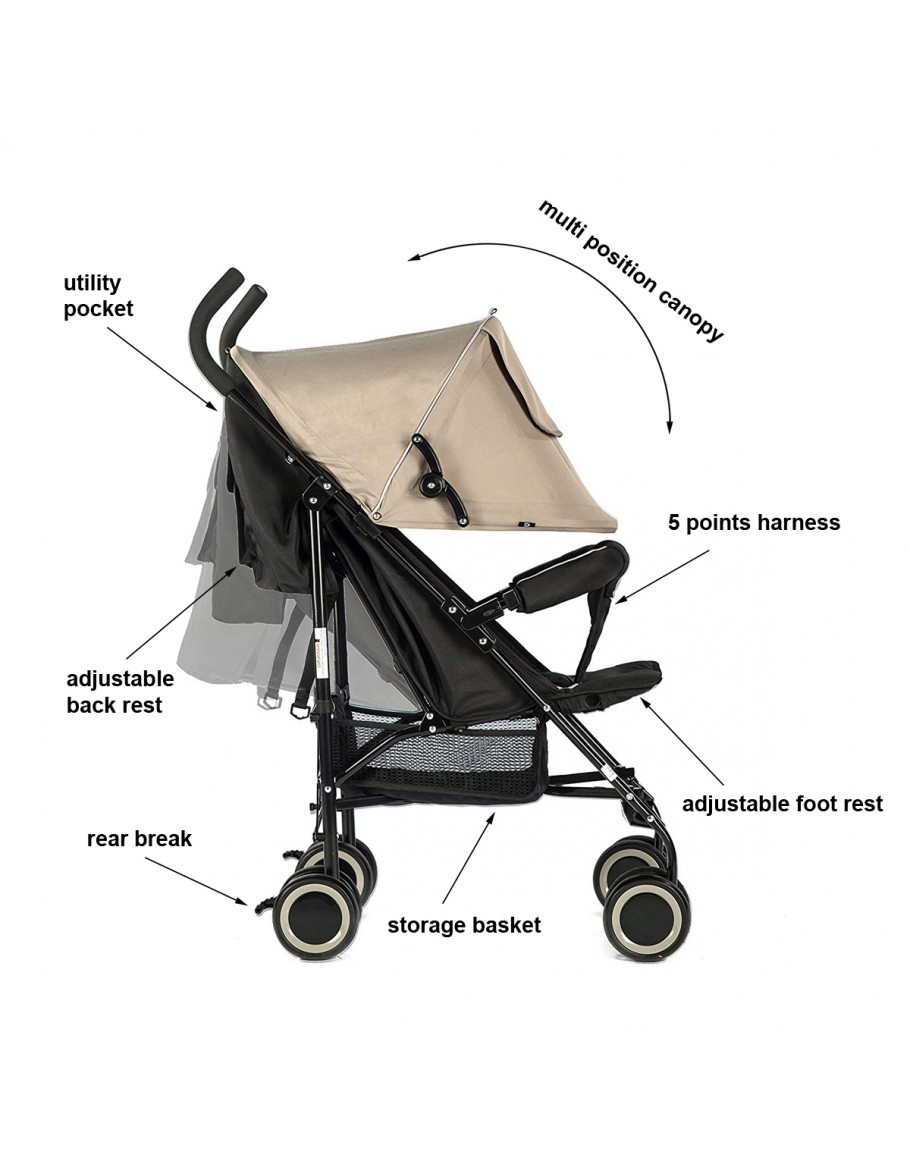 Reclining Seat Taupe 5-Point Safety Harness Storage Bin EVEZO 2141A Full-Size Ultra Lightweight Umbrella Stroller Canopy 